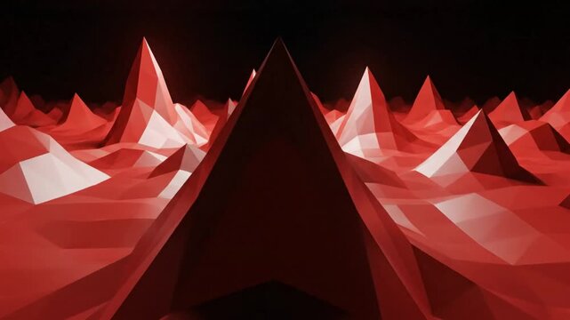 Abstract red polygonal landscape with sharp geometric peaks and a contrasting dark night sky
