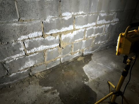 Water damage on a cinder block basement wall with efflorescence and a wet floor lit by work lights..