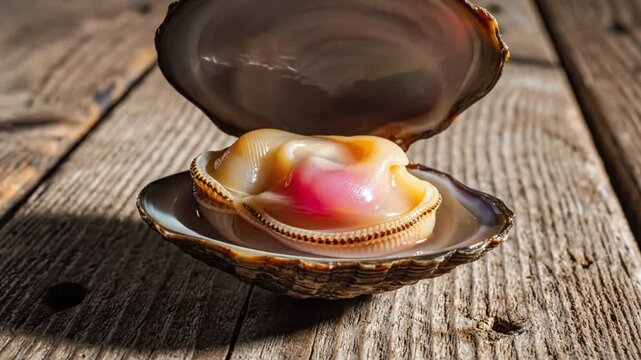 Open clam on a rustic wooden surface with focus on the fleshy, pink interior of the mollusk and its textured shell