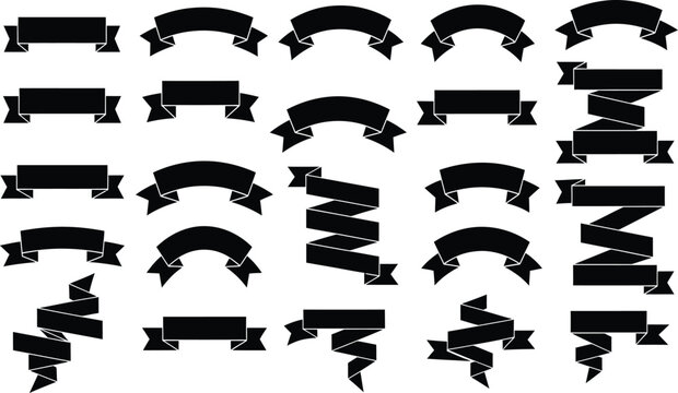 Collection of black ribbon banners and decorative scrolls in various styles