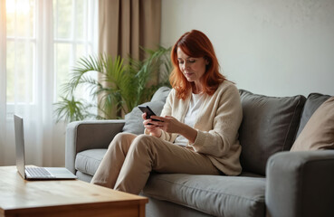 Fototapeta premium Woman with red hair sits on sofa using smartphone. Laptop on table nearby. Natural light from window illuminates cozy living room space. She seems focused on phone.