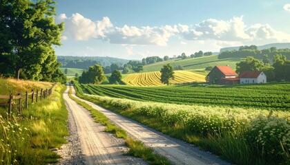 Obraz premium Idyllic Countryside Road Leading to Farmhouses Amidst Lush Green Fields and Rolling Hills.