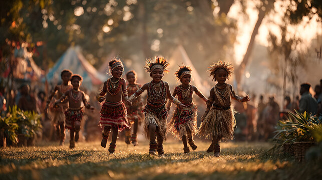 Children dressed in colorful tribal outfits are taking part in a cultural dance contest outdoors during the Kadayawan Festival.