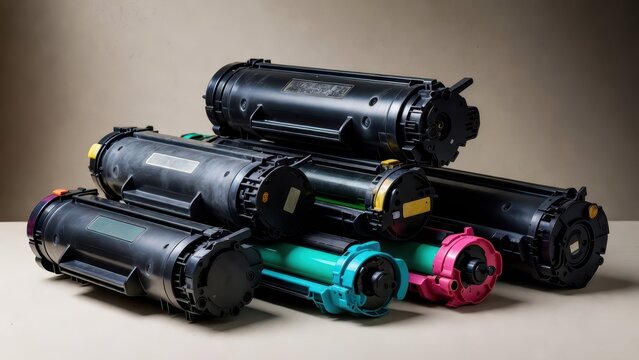 Colorful Toner Cartridges Stacked on a Neutral Background for Printing