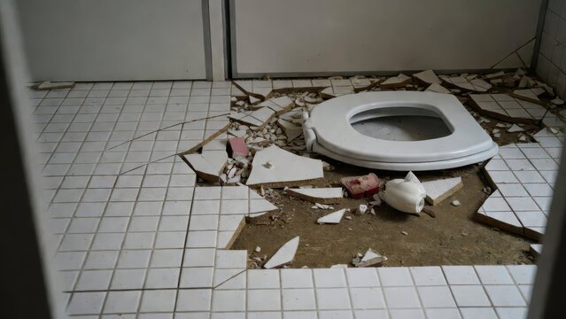 Damaged Bathroom Floor with Broken Tiles and Toilet in Abandoned Space
