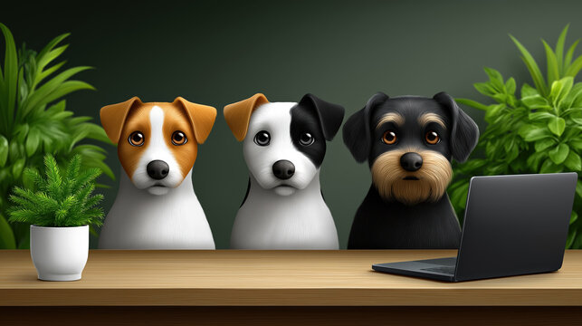Cute office dogs with laptop and plants for remote work teamwork and funny business concept