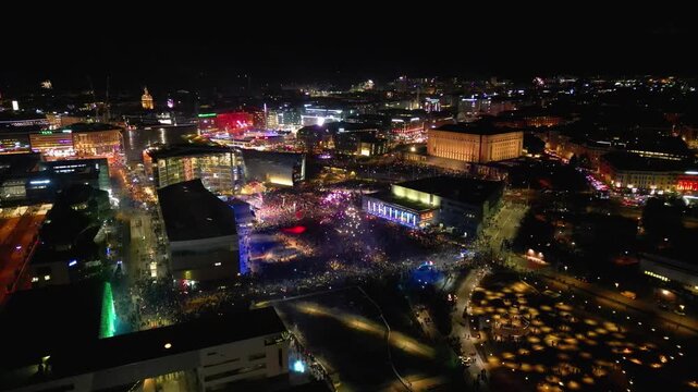 New Year Fireworks Over Helsinki  Aerial Night Drone View