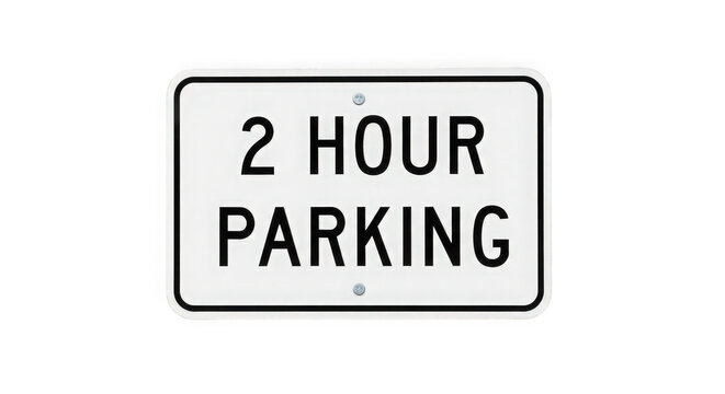 Rectangular white metal road sign indicating two hour parking limitation for vehicles displayed on transparent background