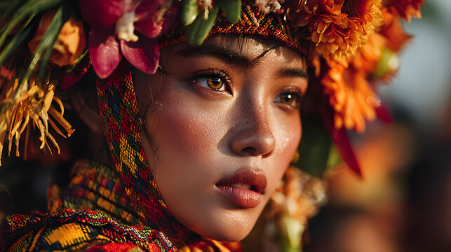 A woman in a vibrant native costume with a floral headdress at the Kadayawan Festival is seen in a close-up.