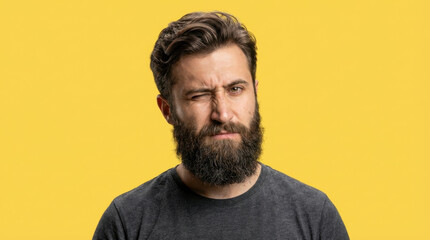 Obraz premium Young Caucasian with beard man is looking at the camera with a skeptical, squinting expression, winking one eye. Yellow background.