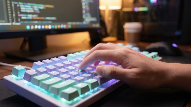 Person typing on a backlit mechanical keyboard