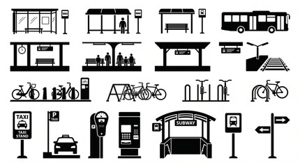 Collection of public transport and urban infrastructure icons featuring bus stops, train stations, bicycles, taxis, subway entrance, and street signs. © Ai