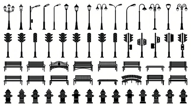 Large collection of urban street furniture silhouette icons includes vintage lampposts, traffic lights, park benches, and fire hydrants for city maps.