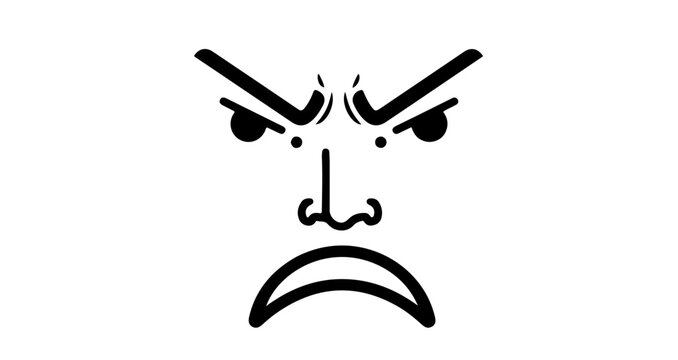A black and white vector graphic illustration of an angry face with a frowning mouth and furrowed eyebrows