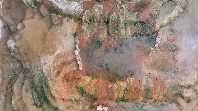 An aerial view of the Pamukkale Travertines. Pamukkale Travertines Drone Video, Pamukkale Denizli, Turkiye (Turkey)