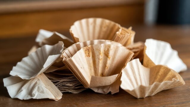 Used Coffee Filters Piled on Wooden Surface in Natural Light