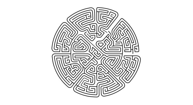 A circular maze illustration with intricate paths and a complex design