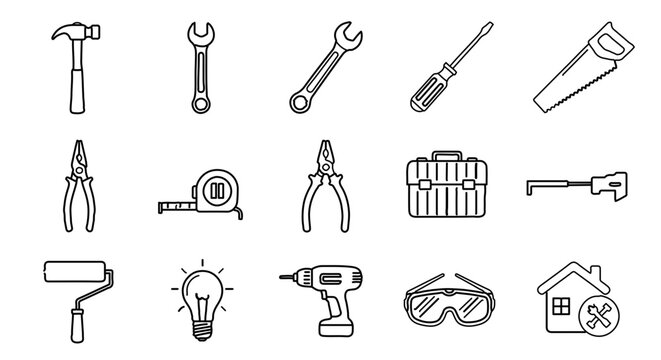 A set of line art icons depicting various tools and equipment for home improvement and construction