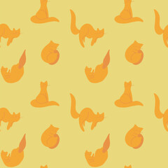 Fototapeta premium Seamless pattern with cute orange cats, minimal flat vector background. Seamless pattern with cute orange cats in different poses.