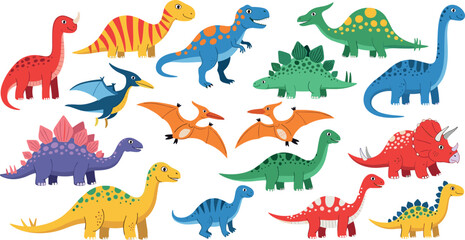 Colorful Cartoon Dinosaur Collection Featuring T-Rex, Pterodactyl, Stegosaurus, Triceratops, and More for Kids, Fun, and Educational Designs © MdRaisul