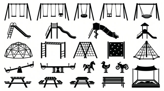 Diverse set of black playground equipment icons including swings, slides, climbing frames, seesaws, spring riders, and benches for park design bundle.