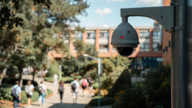 Security Camera Overlooking University Campus Pathway on Sunny Day