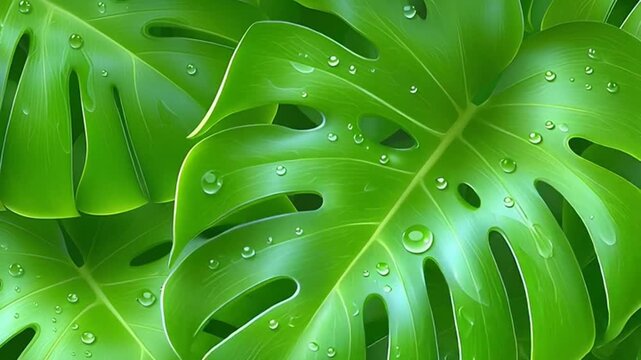 Large green leaves with water drops.