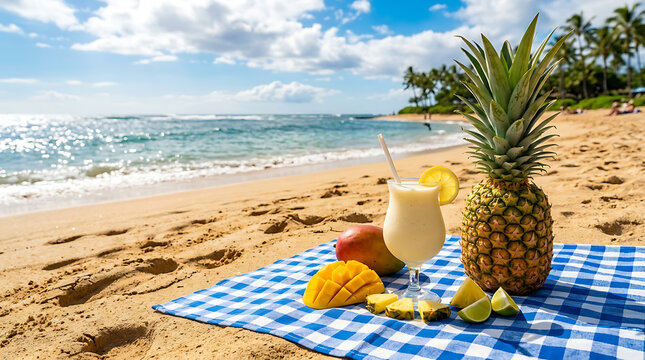 Tropical beach picnic with pineapple mango and creamy cocktail on blue gingham blanket