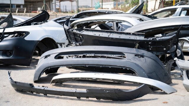 Disassembled Car Bumpers and Components in Outdoor Salvage Yard