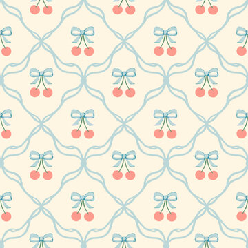 Seamless cherry pattern with cute bow ribbon and pastel fruit motif on soft cream background, playful kawaii decorative surface design.