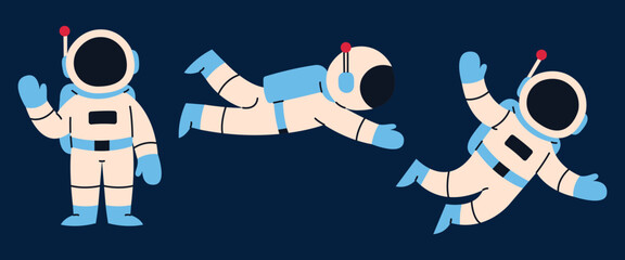 Set of three astronauts in different poses, standing and floating in space. Space exploration concept. Flat vector illustration. © v.iraa