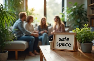 Fototapeta premium Group of diverse people sit together in a cozy room filled with plants discussing openly. A sign on the table reads safe space promoting comfort and positive communication for support.