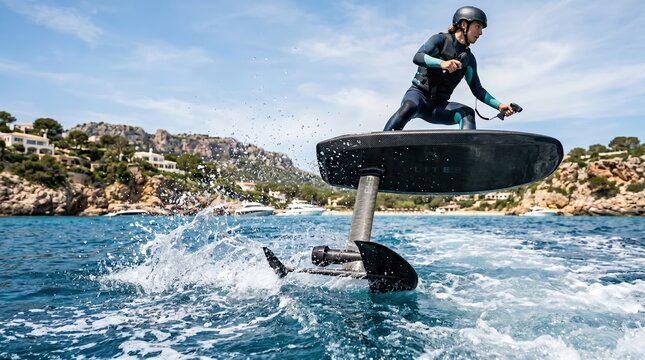 Person riding an electric hydrofoil surfboard