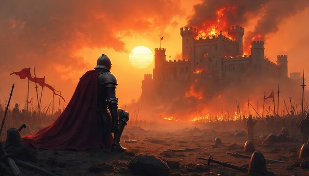Knight in armor watches burning castle at sunset. Army camp at battlefield. Smoke and fire rise from fortress after combat. Soldier kneels on ground.