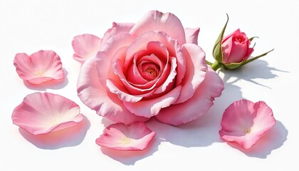 Fototapeta premium Pink rose bud and petals arranged on white surface. Delicate floral illustration for romantic themes. Soft bloom elements create elegant beauty.