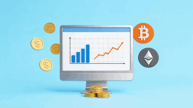 Computer screen with cryptocurrency chart and coins