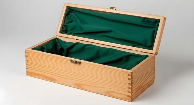 開いた状態の木製の長方形の箱、内側に緑色の布が敷かれた収納ケース、高級感のある木箱の展示 wooden open green fabric