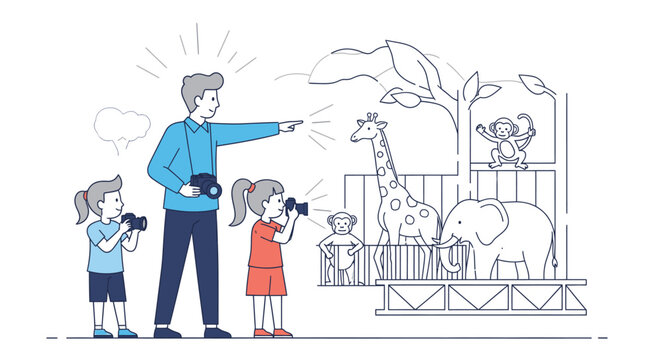 A family of three taking pictures of animals at a zoo with a line drawing style and a clean white background conveying a fun and educational mood.