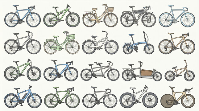 Comprehensive collection of various bicycle types including road bikes mountain bikes city cruisers tandem bikes cargo bikes and electric cycle vector