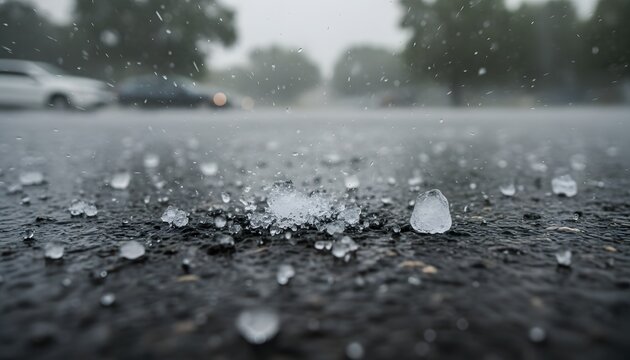 Large hailstones bouncing on pavement during a heavy storm in the city, representing extreme weather conditions and climate change risk concept for insurance and safety