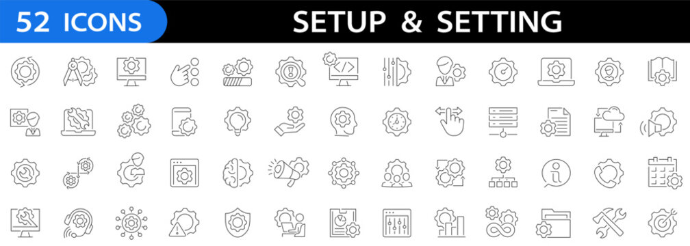 Setting and setup 52 icon set. Processing. Logo. Operation. Template. Tools. Control. App. Design. Editable stroke. Vector illustration