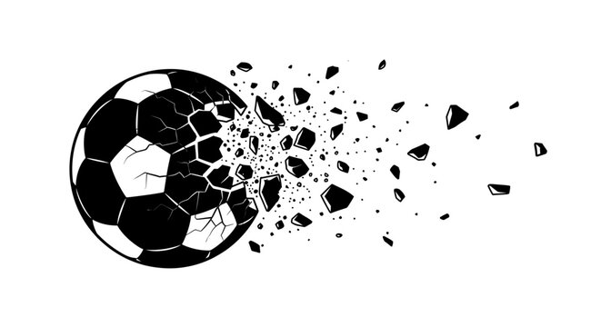 Shattered soccer ball exploding into pieces.