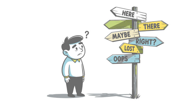 A cartoon man looking confused at a signpost.