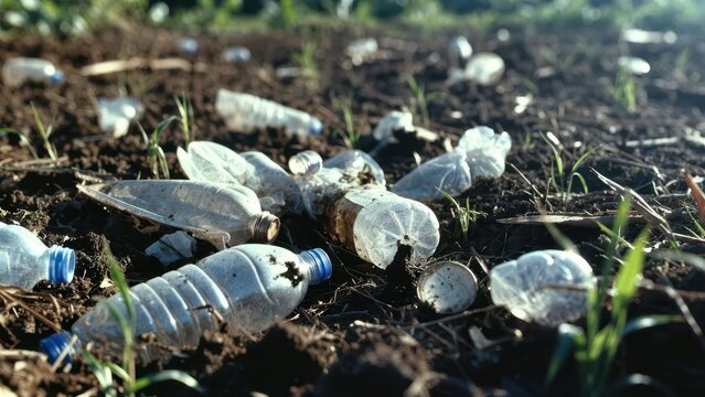 Plastic Waste Pollution on Ground with Grass and Soil Background