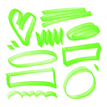 Green marker doodles set. Hand drawn neon highlighter heart, underlines and rough brush strokes. Imperfect retro sketch shapes for notes, planner. Isolated vector elements