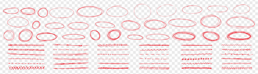 Fototapeta premium Red pen strokes round circle underline shapes plus hand drawn doodle arrows. Rough doodles encircle notes with strike accents. Vector kit for highlight text on like transparent png background