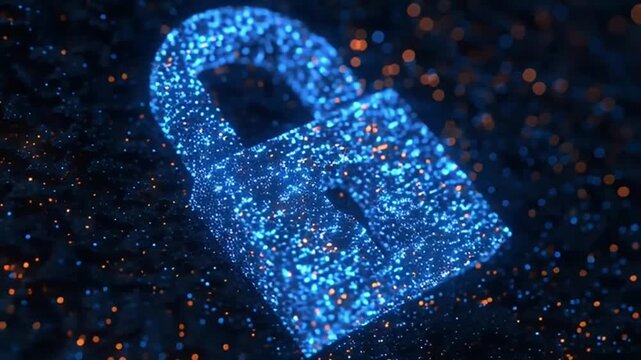 Glowing blue digital lock security concept.
