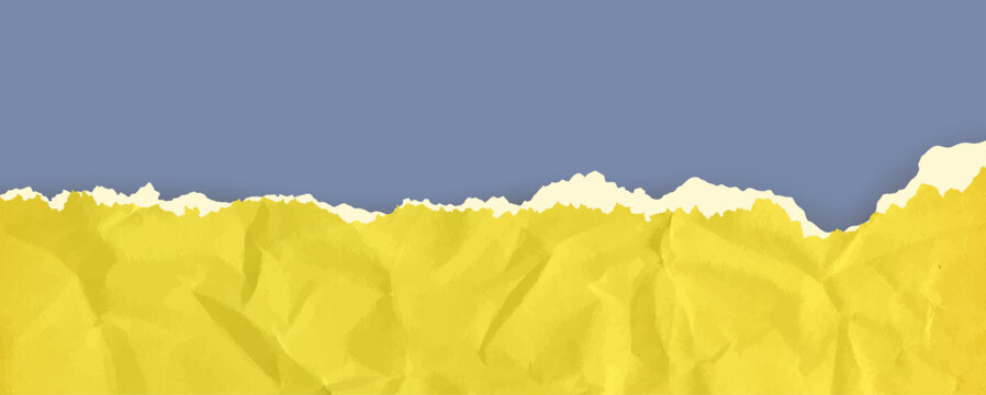 Cardboard horizontal down border with folded torn paper texture. Wrinkle yellow paper sheet teture. Scrap page carton realistic torn edges collage. Vector sheet with broken edge and scratch details