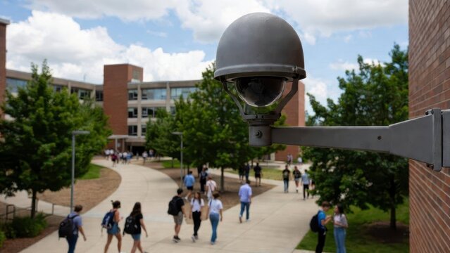 Security Camera Overseeing Students on Campus Pathway During Daytime
