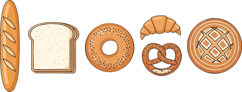 Set of assorted delicious bakery products including a long crusty baguette sliced white bread loaf a round sesame bagel a buttery golden croissant a salted soft pretzel and a round bread